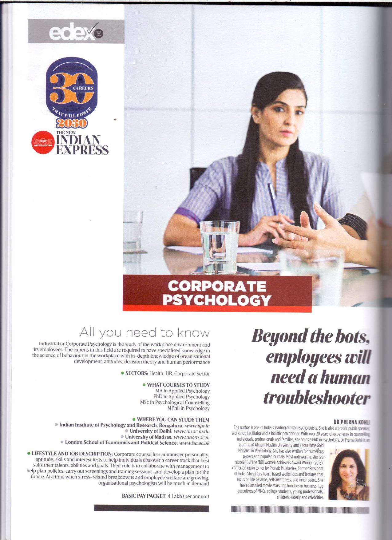 Dr Prerna Kohli India’s Top Psychologist in Indian Express Book: Corporate Psychology